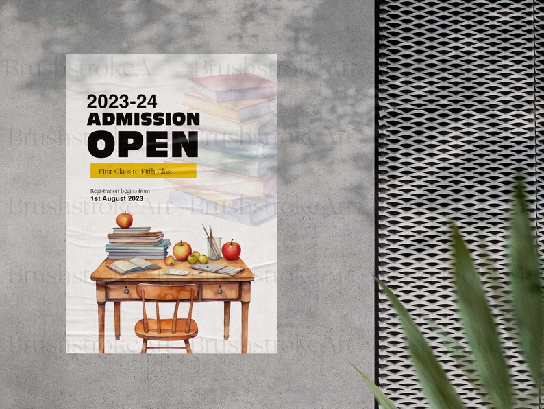 Pu&ograve; includere: Un poster che pubblicizza le iscrizioni scolastiche per l'anno scolastico 2023-24. Il poster presenta un'illustrazione ad acquerello di una scrivania con libri, mele e matite. Il testo sul poster recita "2023-24 Ammissione Aperta" e "Prima Classe a Quinta Classe". Il poster indica anche che le iscrizioni iniziano il 1&deg; agosto 2023.