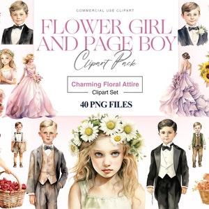Blumenmädchen & Pagenjunge Clipart, Blumenmädchen Kleid, Hochzeit Clipart, süßer Blumenmädchen Blumenstrauß, Hochzeitskinder
