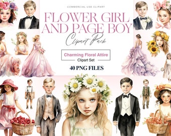Flower Girl & Page Boy Clipart, Flower Girl Dress, Wedding Clipart, Cute Flower Girl Bouquet, Wedding Children