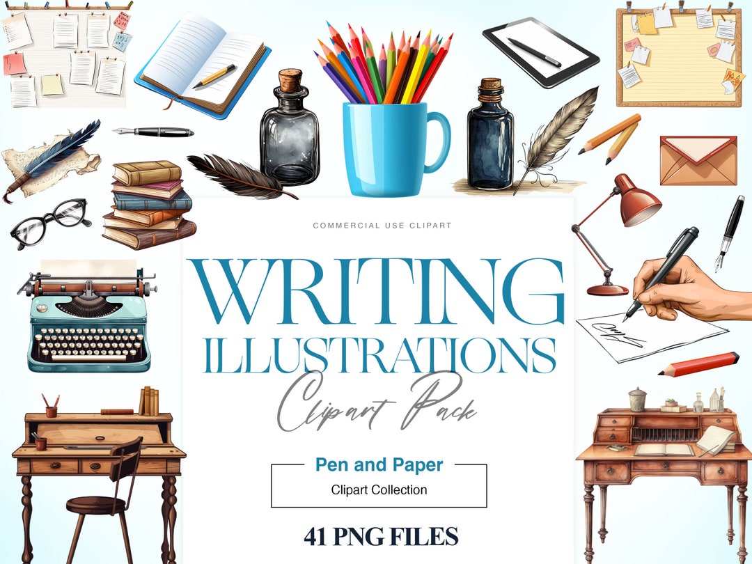 Watercolor Writer Clipart, Office Desk Art, Feather Pen, Stack of