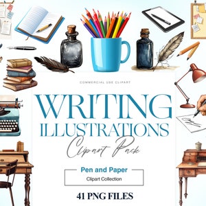 Clipart per scrittore ad acquerello, arte da scrivania, penna piuma, pila di libri, clipart per macchina da scrivere, materiale scolastico