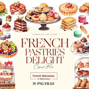 Frans eten clipart, gebak, crème brulee, croissant, cake PNG-afbeeldingen, Franse aquarel, aquarel Frans