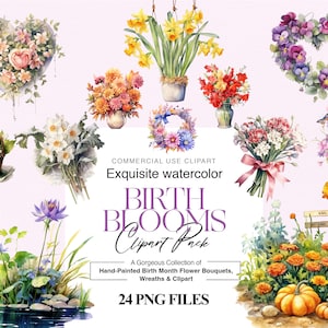 Aquarelle fleur de naissance Clipart, art floral d'anniversaire, cadeau fête des mères, couronne de fleurs, fleur imprimable PNG