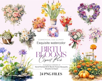 Watercolor Birth Flower Clipart, Birthday Flower Art, Mother&#39;s Day Gift, Floral Wreath, Printable Flower PNG