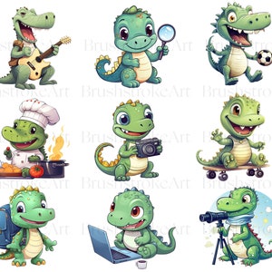 Op de afbeelding: Negen cartoonillustraties van groene alligators in verschillende poses. De alligators dragen verschillende outfits en houden verschillende voorwerpen vast, zoals een gitaar, een koksmuts, een vergrootglas, een camera, een skateboard, een rugzak, een laptop, een telescoop en een voetbal.