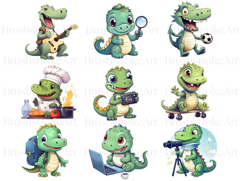 Op de afbeelding: Negen cartoonillustraties van groene alligators in verschillende poses. De alligators dragen verschillende outfits en houden verschillende voorwerpen vast, zoals een gitaar, een koksmuts, een vergrootglas, een camera, een skateboard, een rugzak, een laptop, een telescoop en een voetbal.