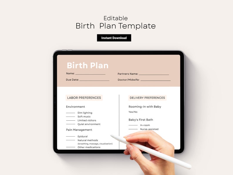 Printable Birth Plan Template, C Section, Labor Preferences, Editable Printable Birth Plan Template, C Section, Labor Preferences, Editable