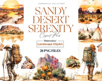 Watercolor Desert Clipart, Western Desert Landscape, Arizona Desert, Nature, Cactus PNG, Wall Art, Desert PNG