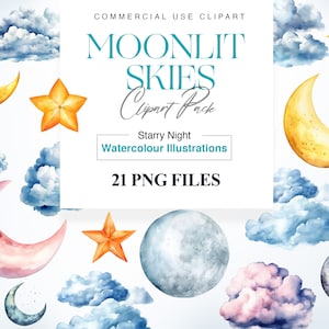 Clipart de céu noturno em aquarela, luas e estrelas, noite estrelada, céu azul, imagens de nuvem, celestial, lua png