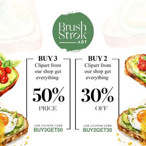 Op de afbeelding: Waterverfillustratie van avocado toast met tomaten en een gebakken ei. De afbeelding bevat de tekst "Brush Strok ART" en promotietekst voor clipart aankopen.