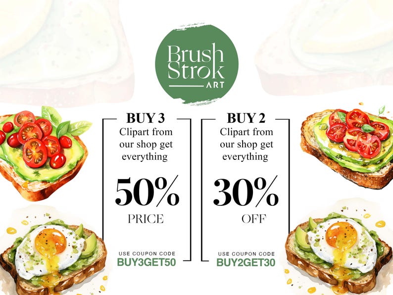 Op de afbeelding: Waterverfillustratie van avocado toast met tomaten en een gebakken ei. De afbeelding bevat de tekst "Brush Strok ART" en promotietekst voor clipart aankopen.