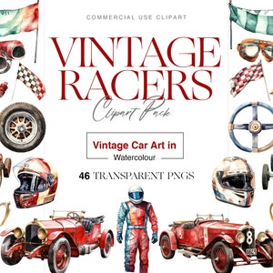 Vintage Racing Clipart, Racer, Racing Equipment's, Klassieke Auto PNG, Rode Auto, Aquarel Auto's, Kunst aan de muur