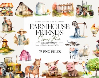 Farmhouse Animal Watercolor Clipart, PNG Bundle (73 Files)