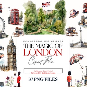 The Magic of London, A Watercolour Clipart Pack of Famous City Sights and Icons, London Clipart,  London illustration images