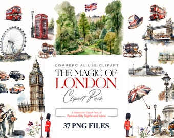The Magic of London, A Watercolour Clipart Pack of Famous City Sights and Icons, London Clipart,  London illustration images
