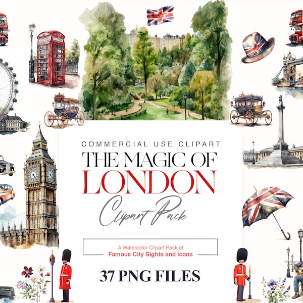 La magie de Londres, un pack de cliparts aquarelle de monuments et d'icônes célèbres de la ville, des cliparts de Londres, des images d'illustration de Londres