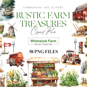 Rustic Farm Clipart, Farmhouse, Farmer, Scarecrow, Tractor, Hay Bale, Vegetable Garde, Watercolor Farm PNG