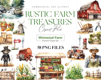 Rustic Farm Clipart, Farmhouse, Farmer, Scarecrow, Tractor, Hay Bale, Vegetable Garde, Watercolor Farm PNG