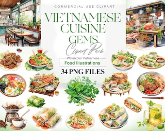 Vietnamese Food Watercolor Clipart, Asian Food PNG Images, Spring Rolls, Pho, Che Be Mau, Food Lover Clip Art