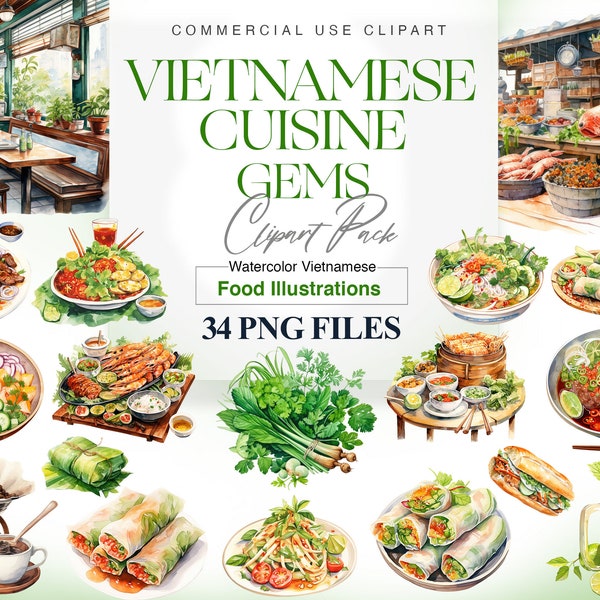 Vietnamese Food Watercolor Clipart, Asian Food PNG Images, Spring Rolls, Pho, Che Be Mau, Food Lover Clip Art