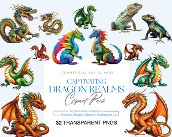 Watercolor Dragon Clipart, Fantasy Illustrations (PNG)