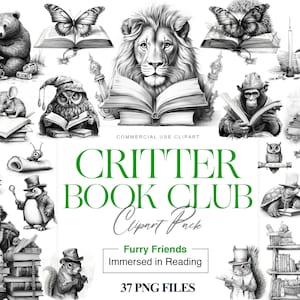 Lindos animales de lectura Clipart, ratón de biblioteca, búho de lectura, gato, mascotas amantes de los libros, animales de fantasía, lectura, libro
