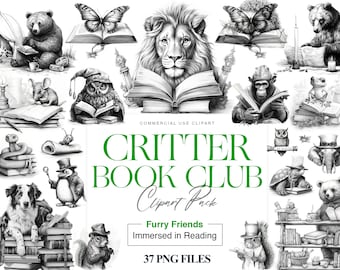 Op de afbeelding: Een set van 37 zwart-witte digitale illustraties van verschillende dieren die boeken lezen. De illustraties zijn in cartoon-stijl en bevatten een leeuw, een uil, een pinguïn, een eekhoorn, een schildpad, een kikker, een hond en meer. De tekst "Critter Book Club" staat in groene letters onderaan de afbeelding.