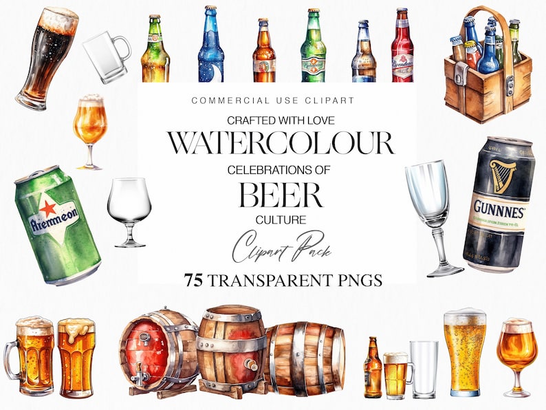 Op de afbeelding: Waterverf illustraties van biergerelateerde items, waaronder flessen, blikjes, glazen, mokken, vaten en een houten kist. De illustraties zijn in verschillende kleuren, waaronder groen, bruin, rood en blauw. De tekst "COMMERCIAL USE CLIPART" en "75 TRANSPARENT PNGS" is opgenomen in de afbeelding.