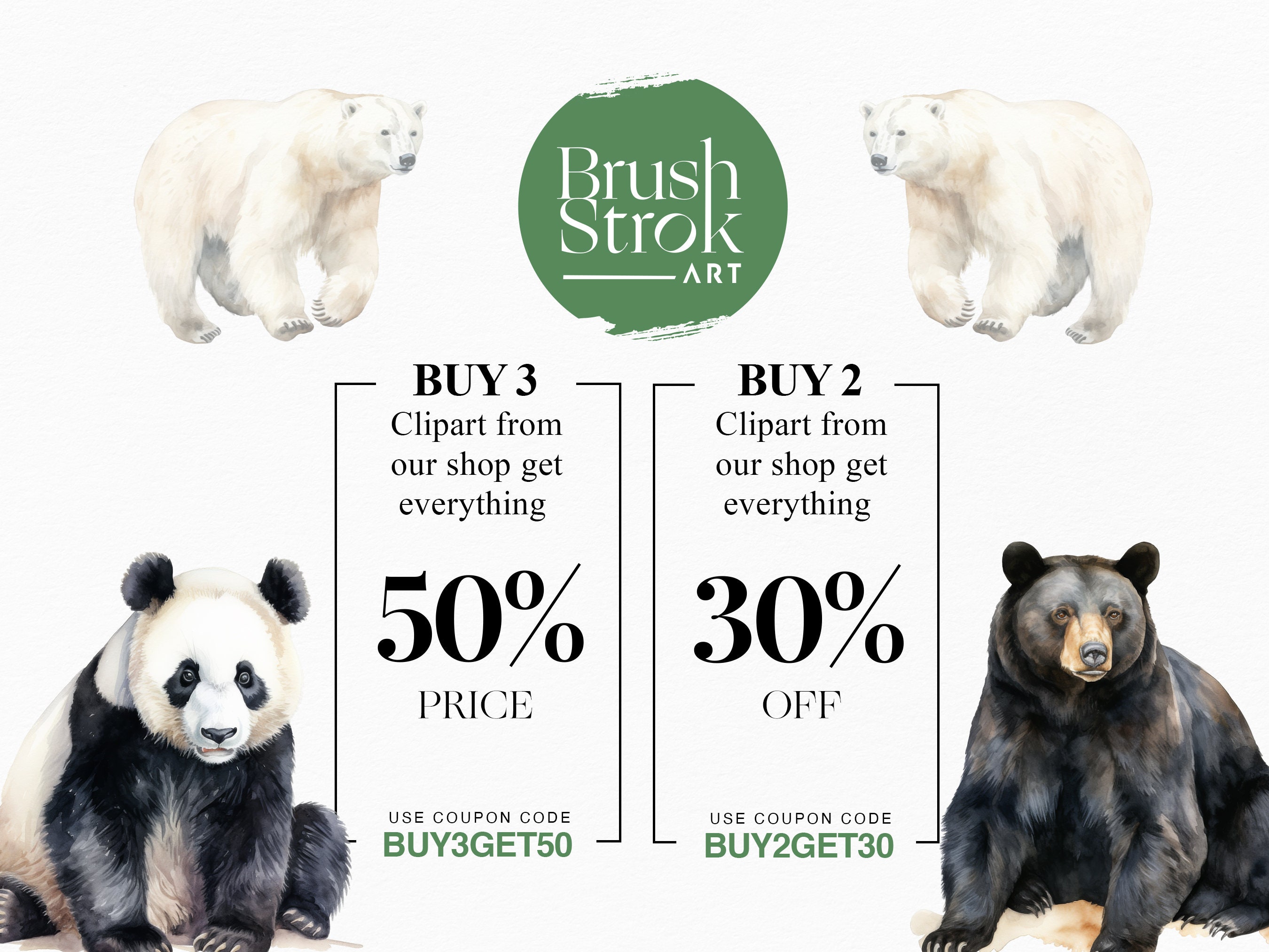 Watercolor Bears Clipart, Black Bear, Polar Bear Clipart, Grizzly