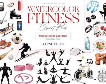 Akvarell Fitness Clipart, Bodybuilder, Fitnesstjej, Hantlar, Träningsclipart, Motion, Yoga Sport, Gym