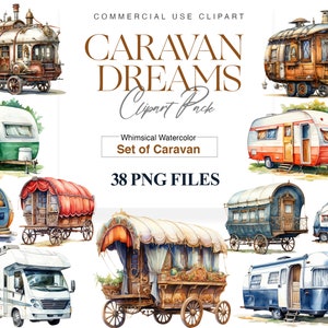 Watercolor Caravan Clipart, Camper Van, Vintage Vehicle, Camping, Adventure Travel, Futuristic Camping PNG