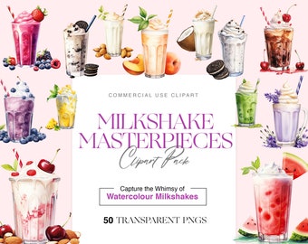 Watercolor Milkshake Clipart, Strawberry, Chocolate Milkshake, Mango Shake, Dessert Clipart, Summer Drinks