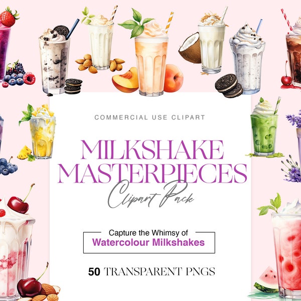 Watercolor Milkshake Clipart, Strawberry, Chocolate Milkshake, Mango Shake, Dessert Clipart, Summer Drinks