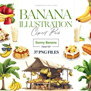 Clipart illustration banane, gâteau aux bananes, plantation de bananes, clipart banane aquarelle, clipart bananier
