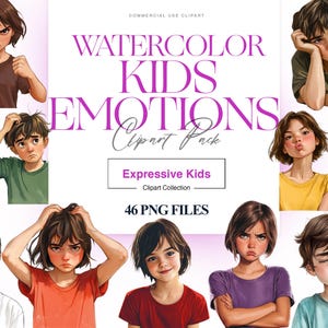 Kids Emotions Clipart, Feelings, Children PNG, Watercolor Smiling Kids, Cartoon Children, Face Expression PNG