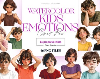 Imágenes prediseñadas de emociones de niños, sentimientos, niños PNG, niños sonrientes de acuarela, niños de dibujos animados, expresión facial PNG