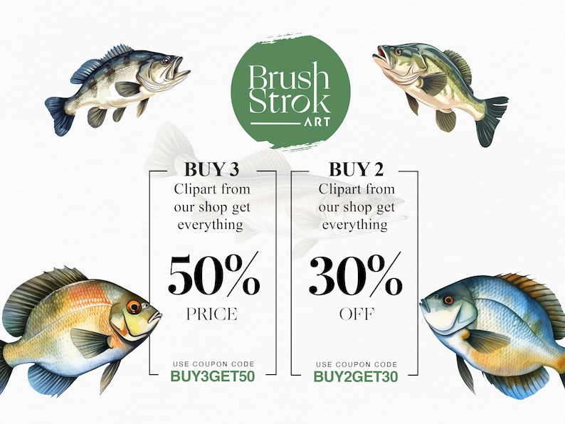 May include: A digital illustration of a sale on clipart featuring various fish. The text reads "Buy 3 Clipart from our shop get everything 50% Price" and "Buy 2 Clipart from our shop get everything 30% Off". The text also includes coupon codes "BUY3GET50" and "BUY2GET30".