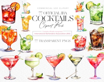 IBA Official Cocktail Clipart , 77 high quality 300 DPI PNG clipart files of Alcohol drinks and cocktails, Spirits, Watercolour cocktail