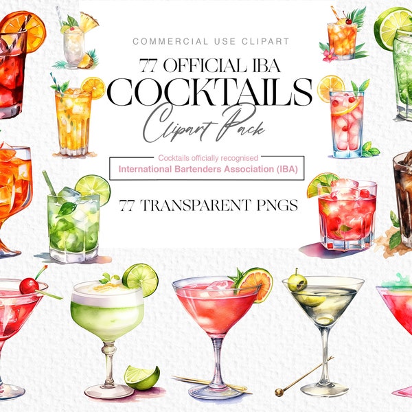 IBA Official Cocktail Clipart , 77 high quality 300 DPI PNG clipart files of Alcohol drinks and cocktails, Spirits, Watercolour cocktail