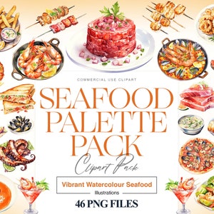 Watercolor Seafood Clipart, Oyster, Salmon, Fish Clipart, Crawfish, Prawn, Crab, Clam, Lobster, Sea Food Boil