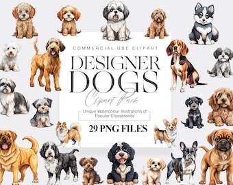 29 Watercolor Designer Dogs Clipart, Pomsky Dog, Bullador Dog Clipart, Morkie Dog, Crossbreed Dogs, Cute Dogs
