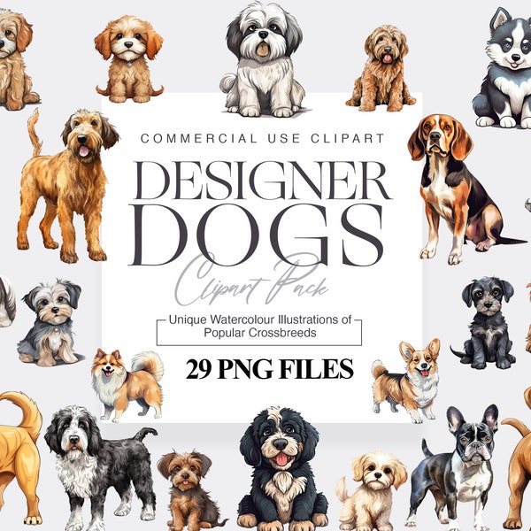 29 Watercolor Designer Dogs Clipart, Pomsky Dog, Bullador Dog Clipart, Morkie Dog, Crossbreed Dogs, Cute Dogs