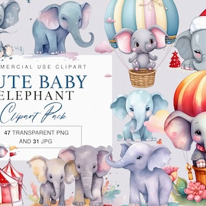 47 Cute Baby Elephant Clipart, Watercolor Elephant, Balloon, Nursery Decor, Safari Animal, Kawaii Baby Shower