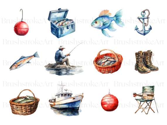 Watercolor Fishing Clipart, Fisherman, Can of Worms, Fishing Rods