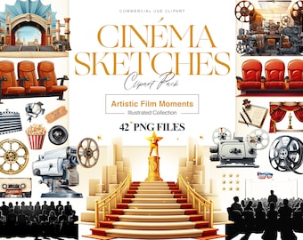 Watercolor Cinema Clipart, Theatre, Ticket, Popcorn, Camera PNG, Film, Cinema Lover, Wall Art, Movie Clipart