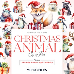 Christmas Animals Clipart, Watercolor Christmas, Wild Animals PNG, Festive Animal, Christmas Printable, Santa