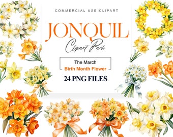 Jonquil Birth Month Flower, Wieniec akwarelowy, Dziki kwiat, Dekoracja ślubna, Kartka urodzinowa, Wiosenny kwiatowy PNG