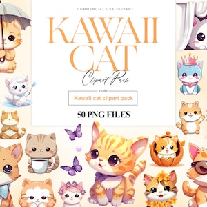Kawaii Cat Clipart, Black Cat, Cute Kitten Clipart, Kawaii Cat PNG, Pet Illustrations, Kawaii Birthday Cats