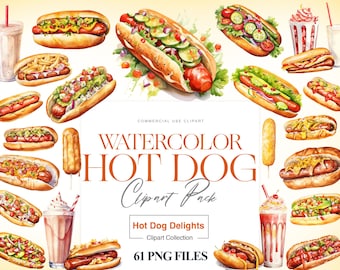 Watercolor Hotdog Clipart, Food, American Hotdog PNG, Fast Food, Corn Dog, Printable Food Art, Retro Hot Dog
