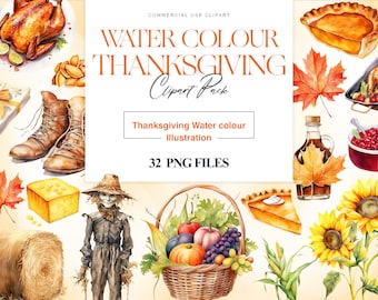 Watercolor Thanksgiving Clipart| Turkey Dinner| Pumpkin Pie| Thanksgiving Decor| Pilgrim Hat| Fall Clipart